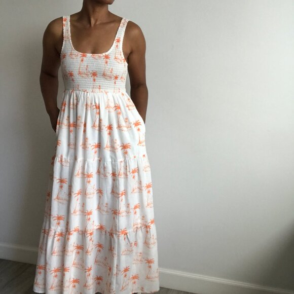 BaeVely Maxi Dress White Tier Palm Tree Print Summer Womens Small - Picture 1 of 13
